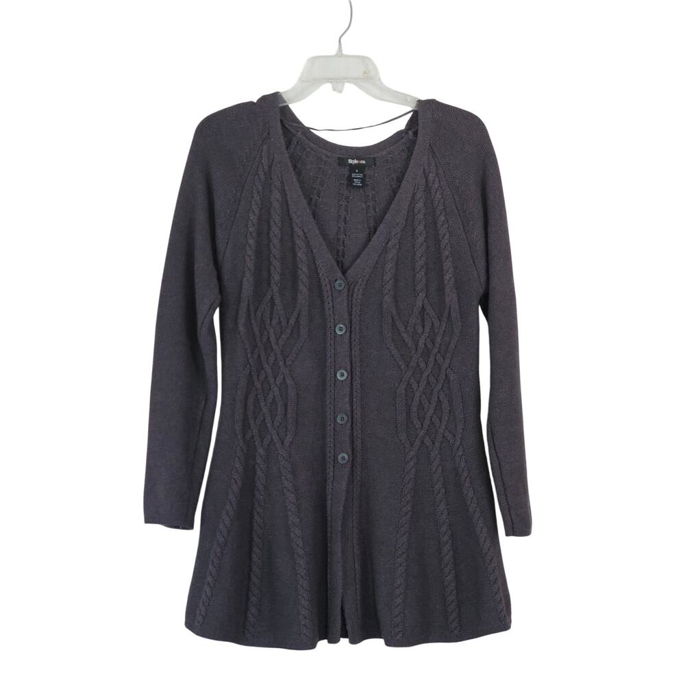 Style & Co Cable Knit Button Front Peplum Sweater Gray Sz L EUC